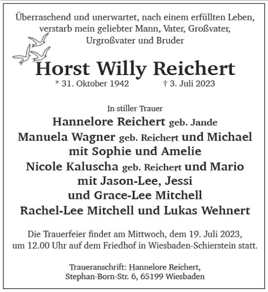 Traueranzeige von Horst Willy Reichert von Wiesbadener Kurier