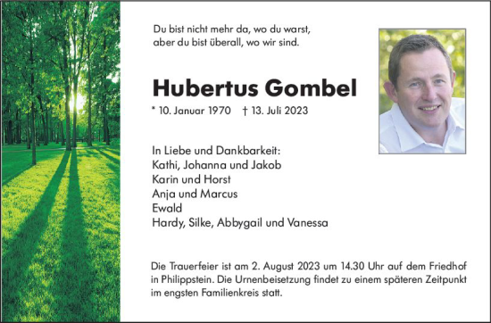 Traueranzeige von Hubertus Gombel von Weilburger Tageblatt
