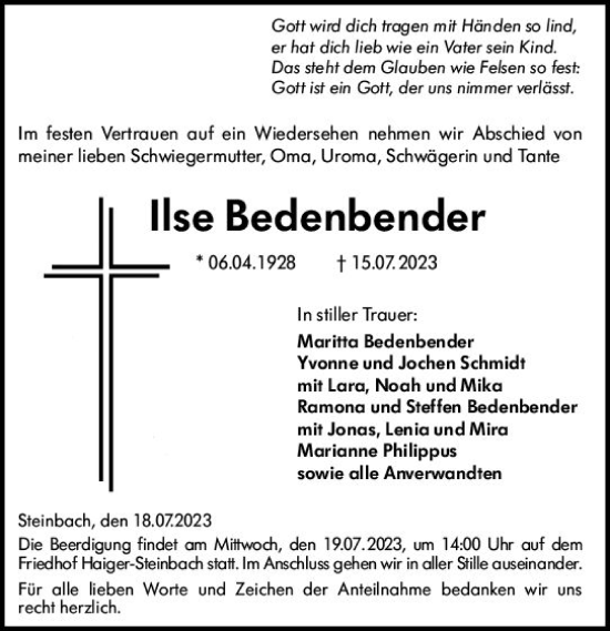 Traueranzeige von Ilse Bedenbender von Dill Block