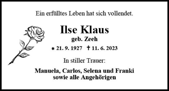 Traueranzeige von Ilse Klaus von Allgemeine Zeitung Mainz