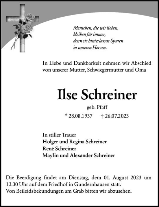 Traueranzeige von Ilse Schreiner von Darmstädter Echo
