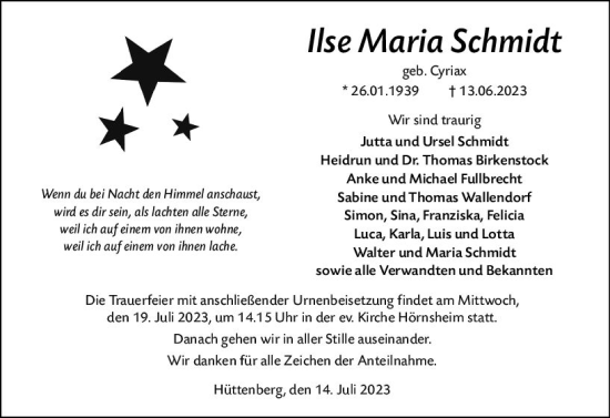 Traueranzeige von Ilse Maria Schmidt von Wetzlarer Neue Zeitung