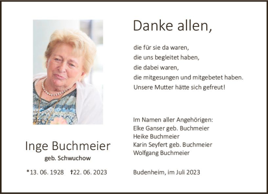 Traueranzeige von Inge Buchmeier von Allgemeine Zeitung Bingen/Ingelheim