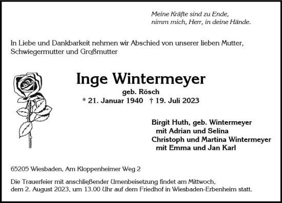 Traueranzeige von Inge Wintermeyer von Wiesbadener Kurier