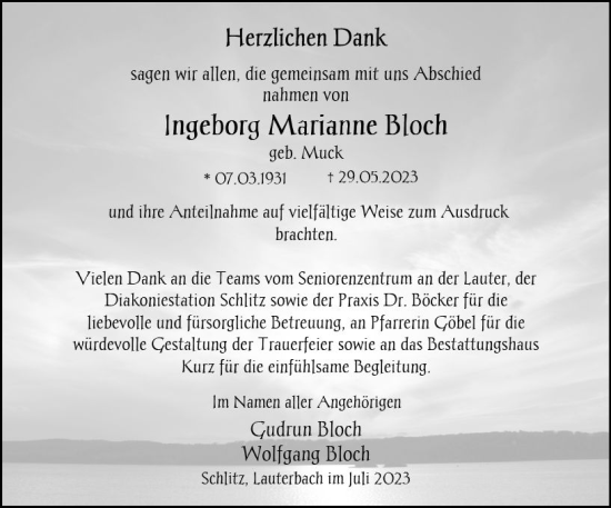 Traueranzeige von Ingeborg Marianne Bloch von Oberhessen Kurier