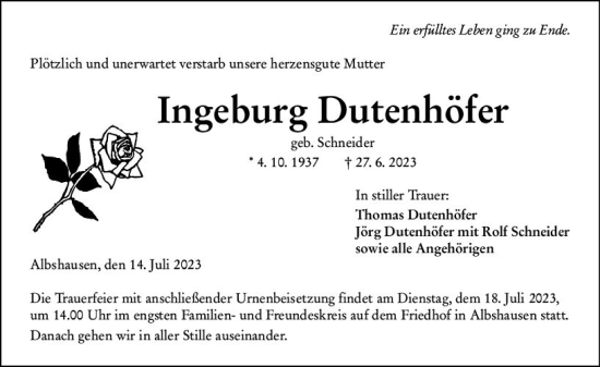 Traueranzeige von Ingeburg Dutenhöfer von Wetzlarer Neue Zeitung