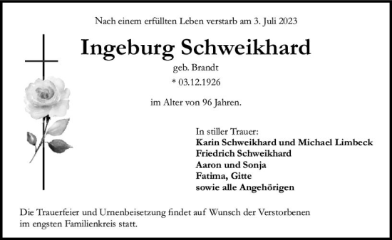 Traueranzeige von Ingeburg Schweikhard von Allgemeine Zeitung Bingen/Ingelheim
