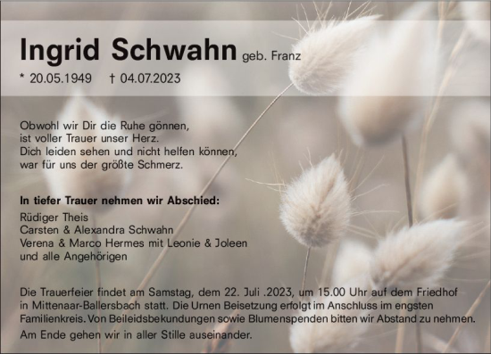 Traueranzeige von Ingrid Schwahn von Dill Block