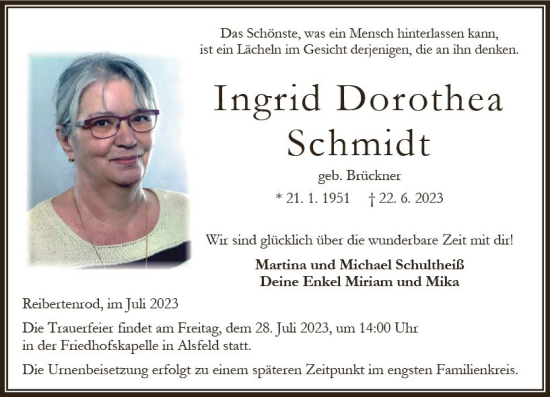 Traueranzeige von Ingrid Dorothea Schmidt von Oberhessen Kurier