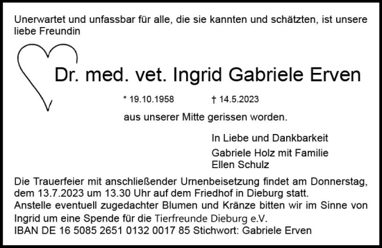 Traueranzeige von Ingrid Gabriele Erven von Dieburger Anzeiger/Groß-Zimmerner Lokal-Anzeiger