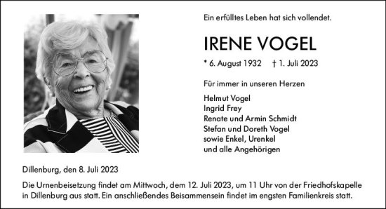 Traueranzeige von Irene Vogel von Dill Block