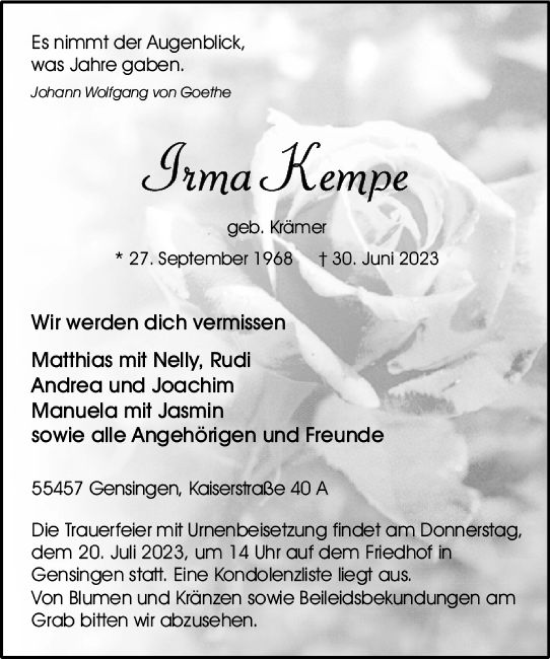 Traueranzeige von Irma Kempe von Allgemeine Zeitung Bingen/Ingelheim