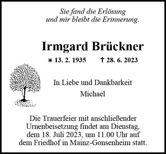 Traueranzeige von Irmgard Brückner von Allgemeine Zeitung Mainz