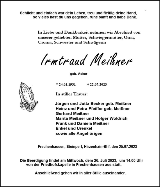 Traueranzeige von Irmtraud Meißner von Hinterländer Anzeiger