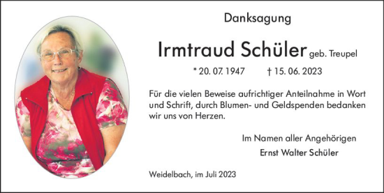 Traueranzeige von Irmtraud Schüler von Dill Block