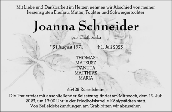 Traueranzeige von Joanna Schneider von Rüsselsheimer Echo