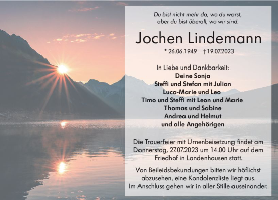 Traueranzeige von Jochen Lindemann von VRM Trauer