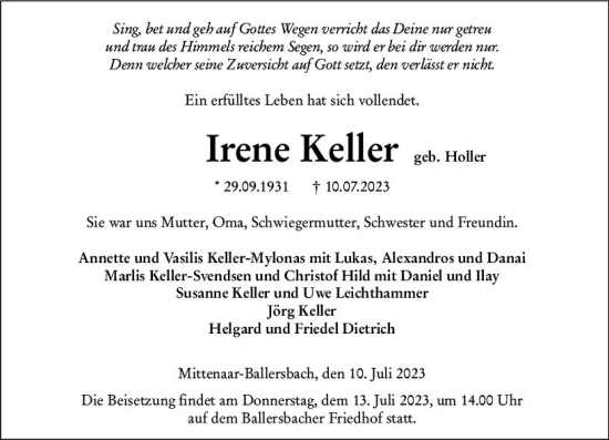 Traueranzeige von Irene Keller von Dill Block