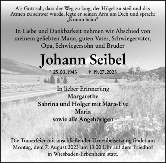 Traueranzeige von Johann Seibel von Wiesbadener Kurier
