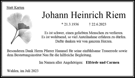 Traueranzeige von Johann Heinrich Riem von Oberhessen Kurier