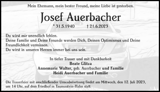 Traueranzeige von Josef Auerbacher von Wiesbadener Kurier
