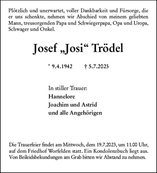 Traueranzeige von Josef „Josi“ Trödel von Groß-Gerauer Echo