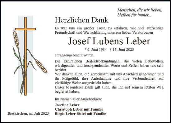 Traueranzeige von Josef Lubens Leber von Nassauische Neue Presse