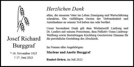 Traueranzeige von Josef Richard Burggraf von Nassauische Neue Presse