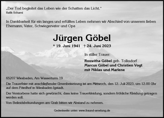 Traueranzeige von Jürgen Göbel von Wiesbadener Kurier