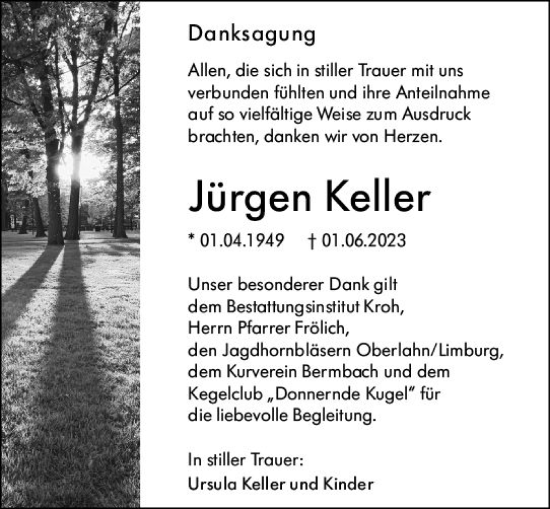 Traueranzeige von Jürgen Keller von Weilburger Tageblatt