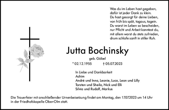 Traueranzeige von Jutta Bochinsky von Allgemeine Zeitung Mainz