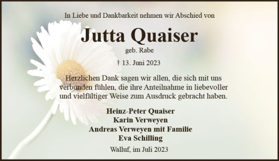 Traueranzeige von Jutta Quaiser von Wiesbadener Kurier