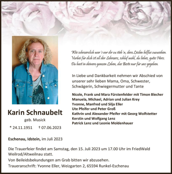 Traueranzeige von Karin Schnaubelt von Nassauische Neue Presse