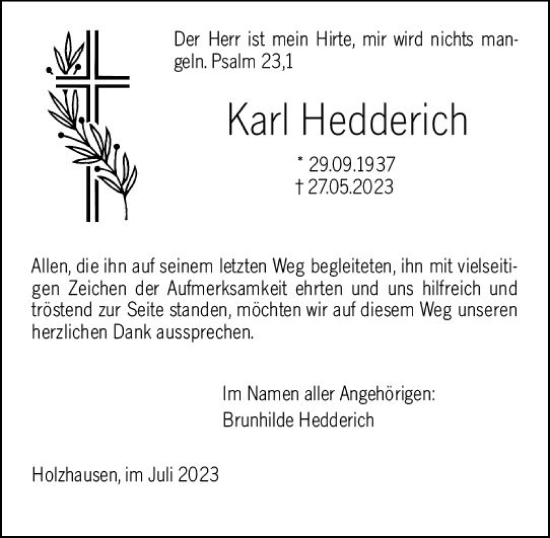 Traueranzeige von Karl Hedderich von Hinterländer Anzeiger