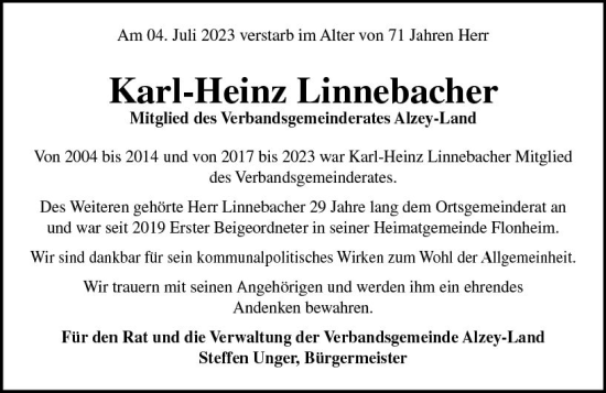 Traueranzeige von Karl-Heinz Linnebacher von Allgemeine Zeitung Alzey