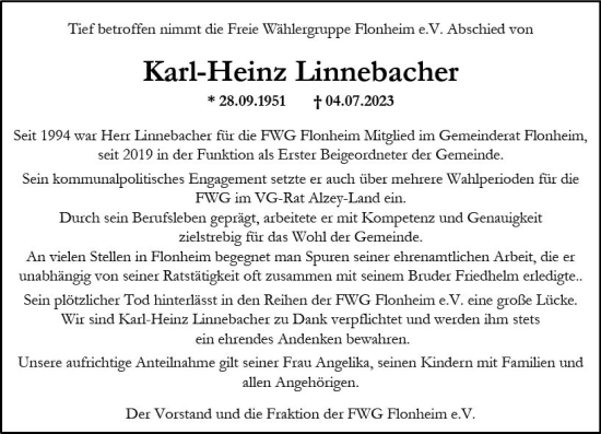 Traueranzeige von Karl-Heinz Linnebacher von Allgemeine Zeitung Alzey