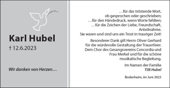 Traueranzeige von Karl Hubel von Allgemeine Zeitung Mainz