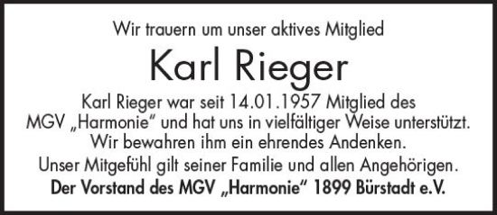 Traueranzeige von Karl Rieger von Starkenburger Echo
