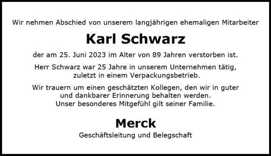 Traueranzeige von Karl Schwarz von Darmstädter Echo