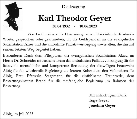 Traueranzeige von Karl Theodor Geyer von Allgemeine Zeitung Alzey