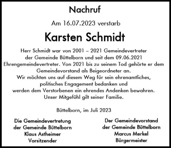 Traueranzeige von Karsten Schmidt von Groß-Gerauer Echo