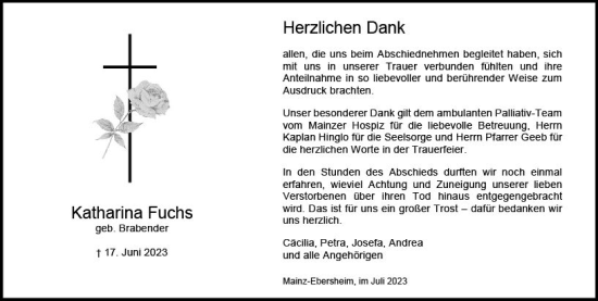Traueranzeige von Katharina Fuchs von Allgemeine Zeitung Mainz