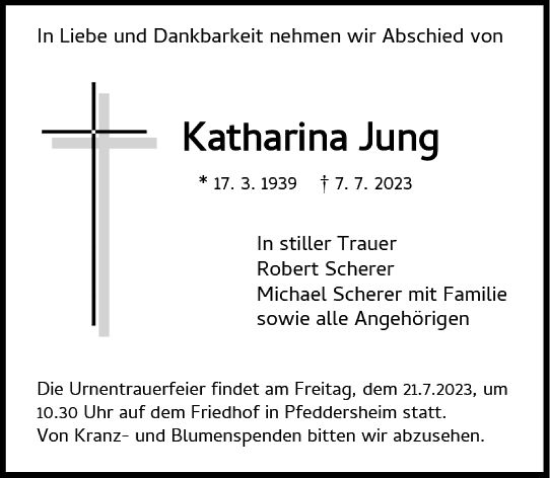 Traueranzeige von Katharina Jung von Wormser Zeitung