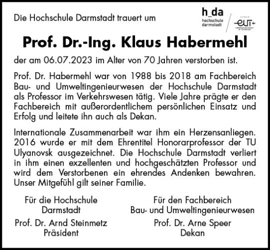 Traueranzeige von Klaus Habermehl von Darmstädter Echo