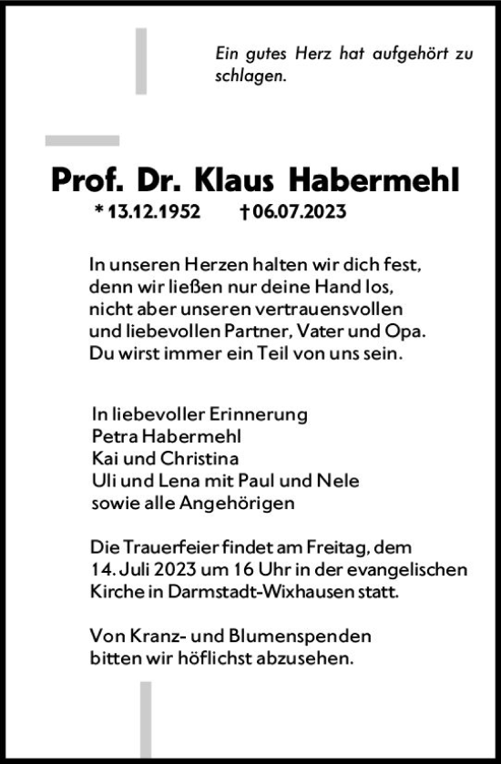 Traueranzeige von Klaus Habermehl von Darmstädter Echo