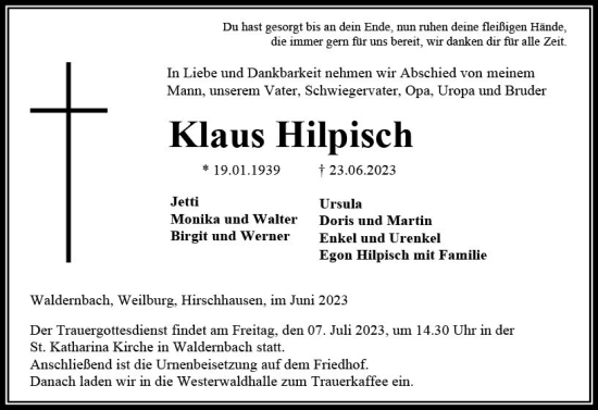 Traueranzeige von Klaus Hilpisch von Weilburger Tageblatt