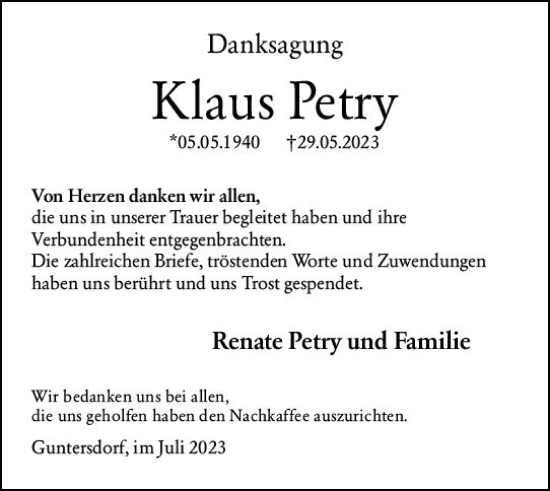 Traueranzeige von Klaus Petry von Dill Block