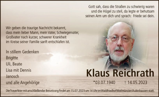 Traueranzeige von Klaus Reichrath von Weilburger Tageblatt