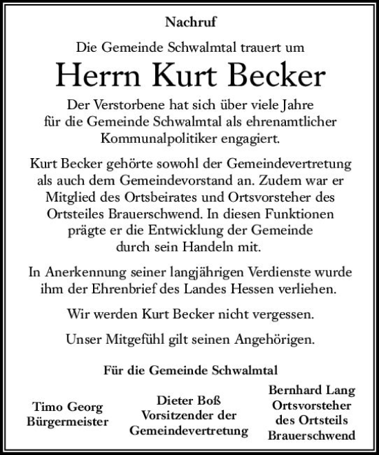 Traueranzeige von Kurt Becker von VRM Trauer