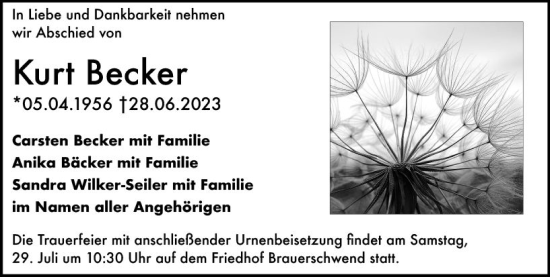 Traueranzeige von Kurt Becker von VRM Trauer